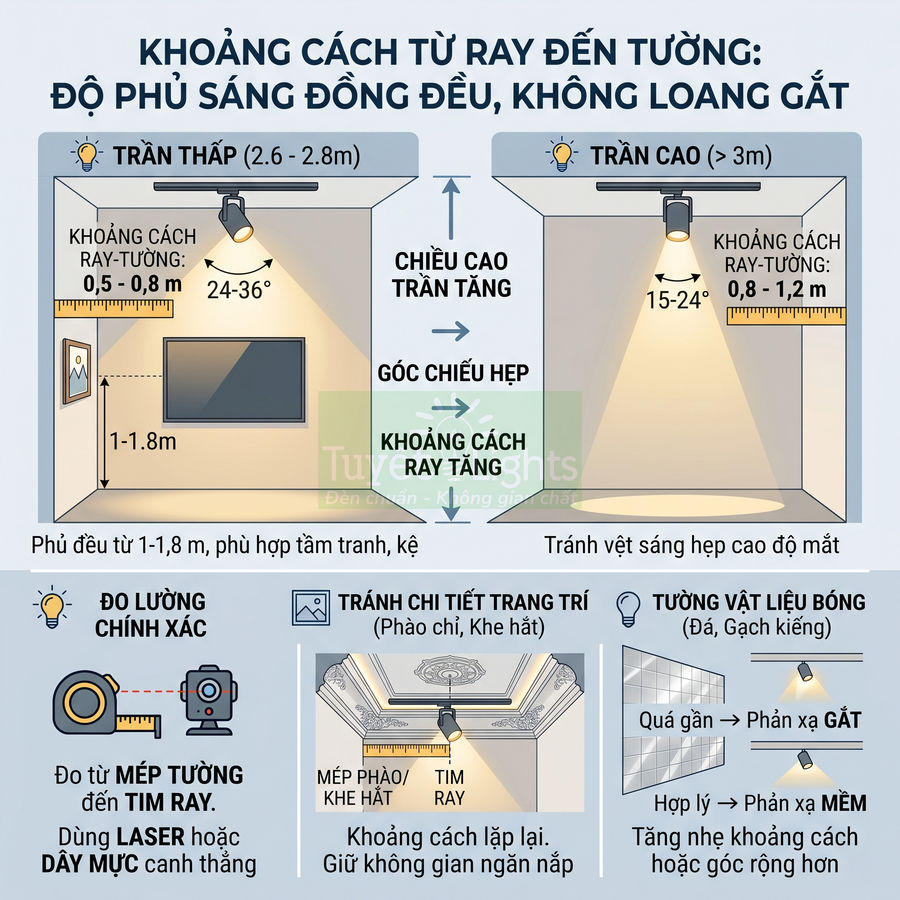 Infographic hướng dẫn chọn khoảng cách ray đèn rọi đến tường để ánh sáng phủ đều, không loang gắt trong phòng