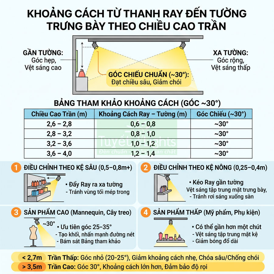 Hướng dẫn khoảng cách thanh ray đèn rọi đến tường theo chiều cao trần cho kệ trưng bày sản phẩm