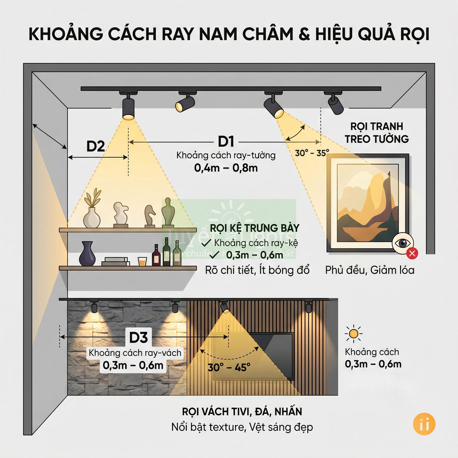 Sơ đồ khoảng cách lắp đèn ray nam châm chiếu tranh treo tường, kệ trưng bày và vách tivi trong phòng khách