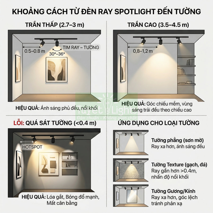 Hướng dẫn khoảng cách lắp đèn ray spotlight đến tường cho trần thấp, trần cao và các loại tường khác nhau