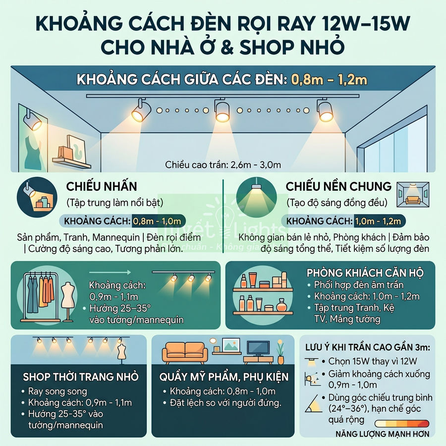Hướng dẫn khoảng cách lắp đèn rọi ray 12W 15W cho nhà ở và shop nhỏ, chiếu nhấn và chiếu nền