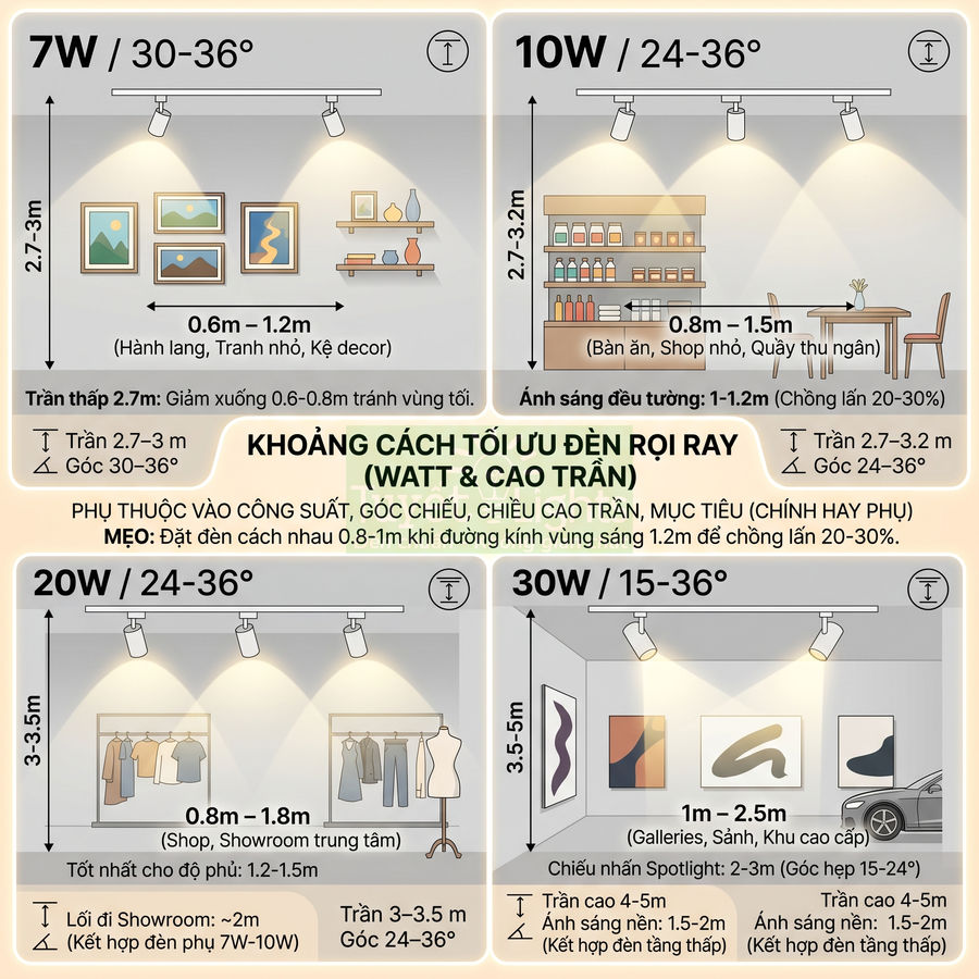 Hướng dẫn khoảng cách lắp đặt đèn rọi ray 7W 10W 20W 30W theo chiều cao trần và góc chiếu trong nhà