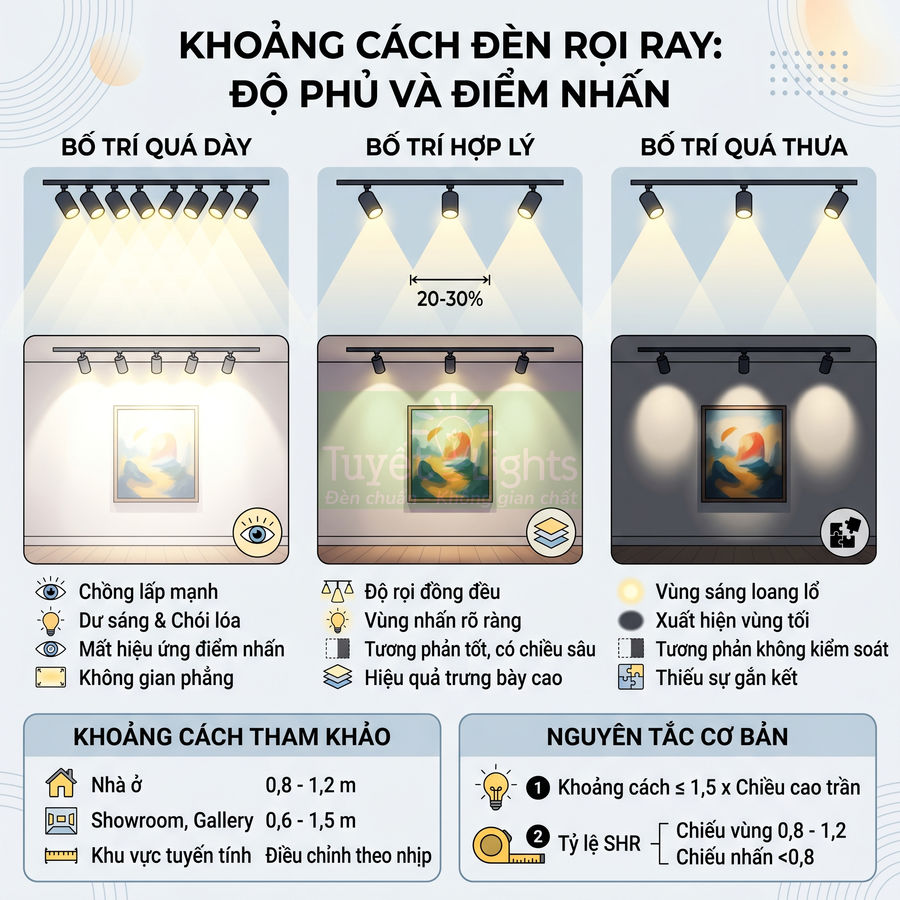 Hướng dẫn bố trí đèn rọi ray chiếu tranh treo tường với khoảng cách hợp lý để tạo điểm nhấn và ánh sáng đồng đều