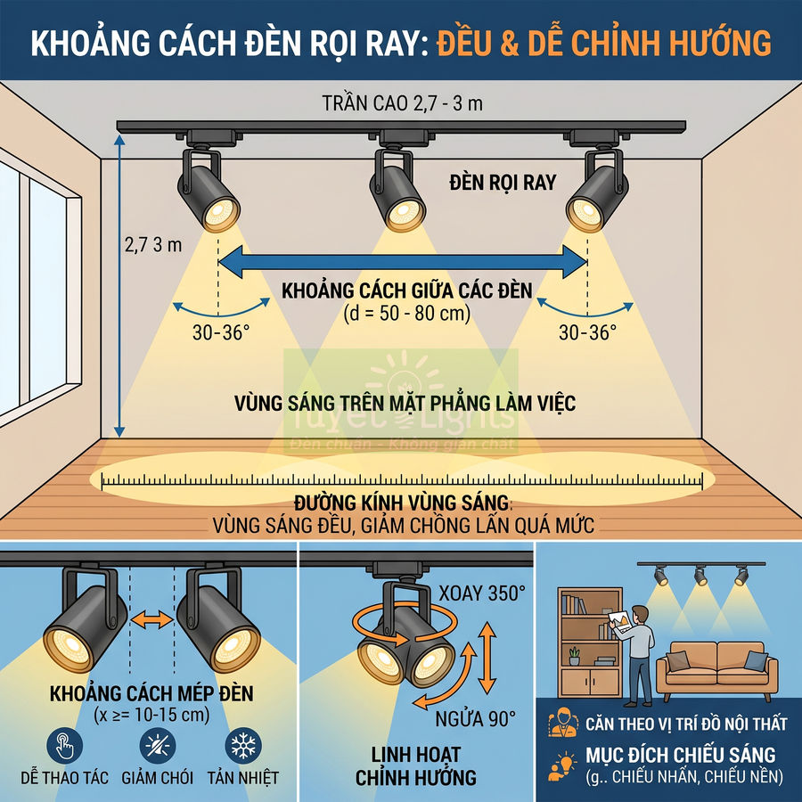 Hướng dẫn lắp đặt đèn rọi ray trần nhà với khoảng cách và góc chiếu sáng chuẩn cho không gian nội thất