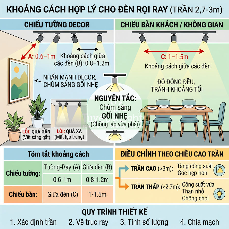 Hướng dẫn bố trí khoảng cách đèn rọi ray trần 2,7 đến 3m cho chiếu tường decor và chiếu bàn ăn