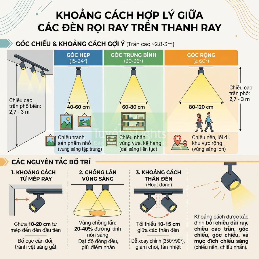 Hướng dẫn khoảng cách lắp đặt và góc chiếu cho đèn rọi ray trên thanh ray trong không gian nội thất