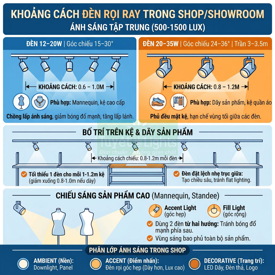 Hướng dẫn bố trí đèn rọi ray chiếu sáng sản phẩm trong shop showroom thời trang