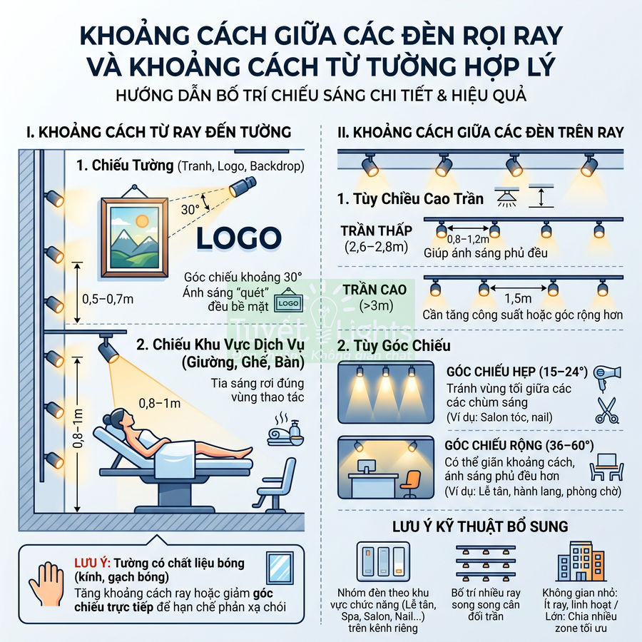 Hướng dẫn bố trí đèn rọi ray trên trần và tường với khoảng cách chiếu sáng hợp lý cho không gian nội thất
