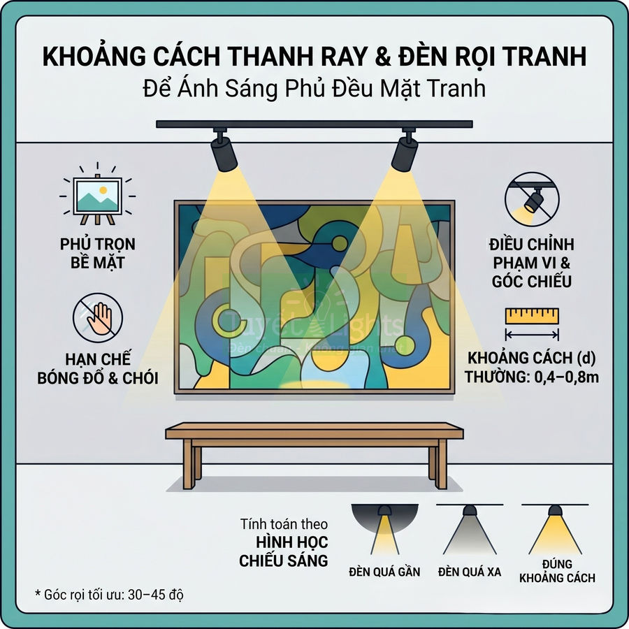 Hướng dẫn lắp đặt đèn rọi tranh trên thanh ray để chiếu sáng đều bức tranh treo tường