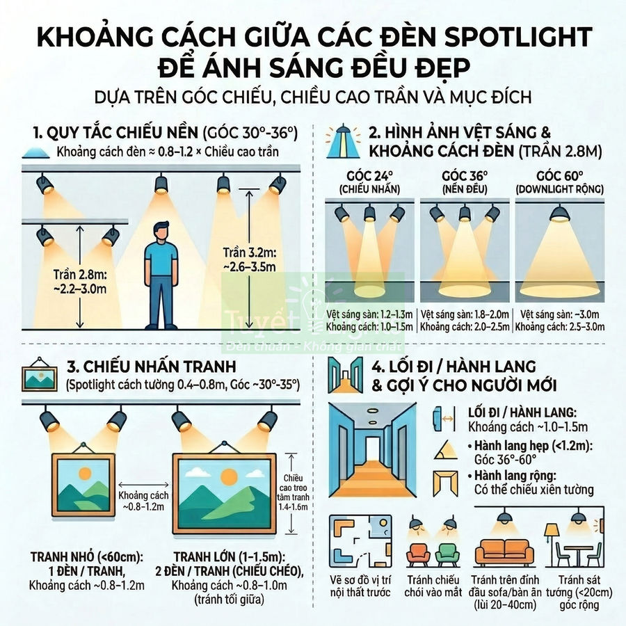 Hướng dẫn khoảng cách lắp đèn spotlight trên trần nhà, chiếu tường và hành lang để ánh sáng đều đẹp