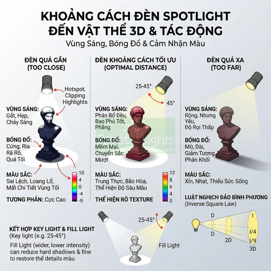 Minh họa khoảng cách đèn spotlight chiếu lên tượng bán thân 3D và ảnh hưởng vùng sáng bóng đổ màu sắc