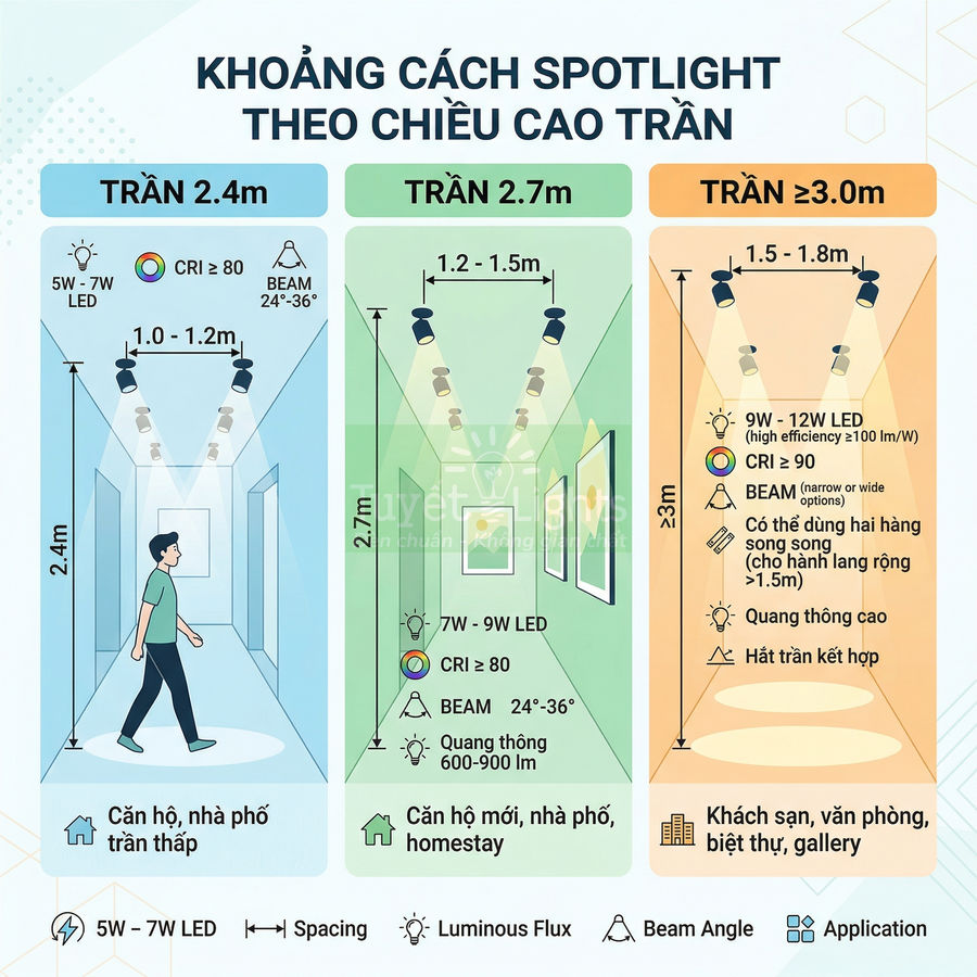 Hướng dẫn chọn khoảng cách lắp đèn spotlight LED theo chiều cao trần cho căn hộ, nhà phố, homestay, khách sạn