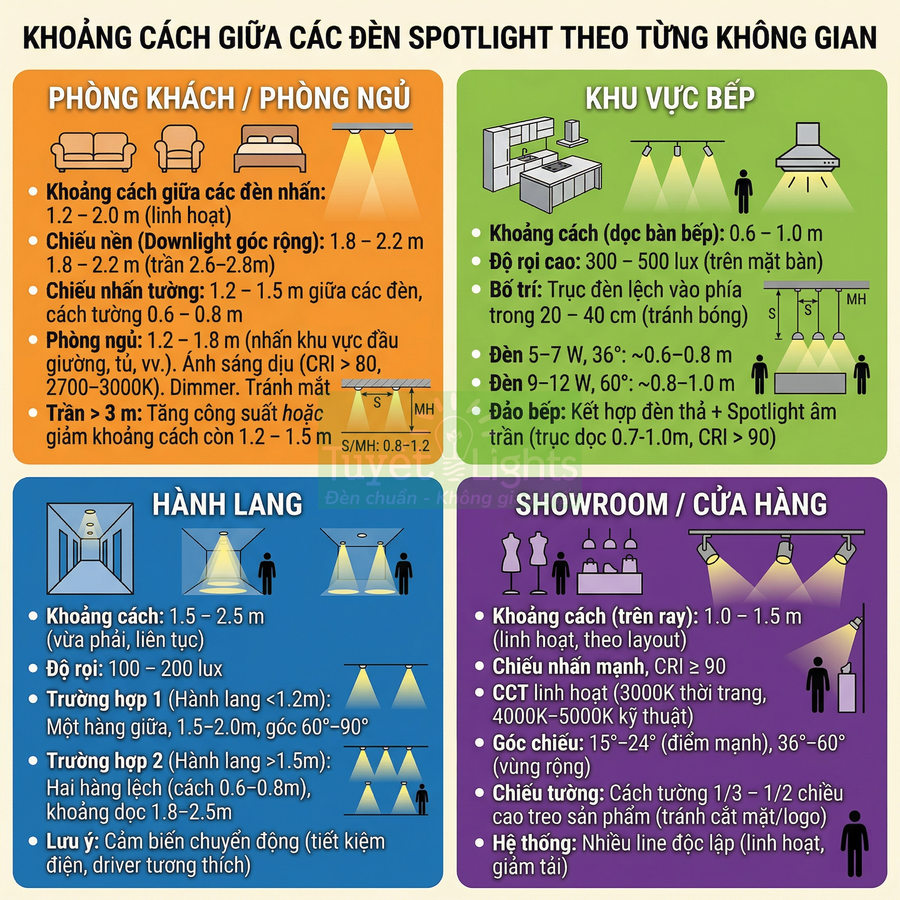 Hướng dẫn khoảng cách lắp đèn spotlight cho phòng khách, phòng ngủ, bếp, hành lang và showroom