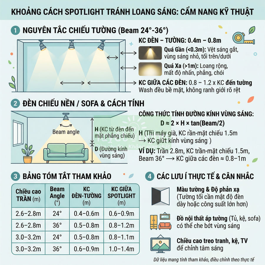 Hướng dẫn kỹ thuật bố trí đèn spotlight chiếu tường, chiếu sofa và bảng khoảng cách lắp đặt hợp lý