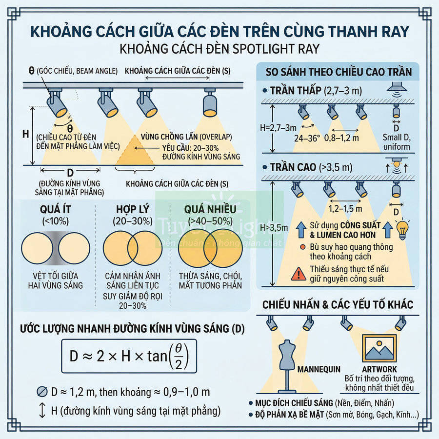 Hướng dẫn khoảng cách lắp đặt đèn spotlight ray trên trần nhà theo chiều cao và vùng chiếu sáng