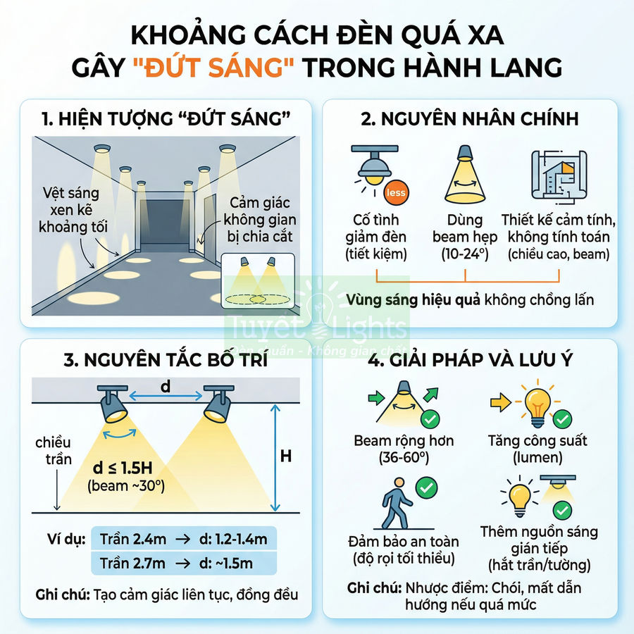 Infographic hướng dẫn bố trí đèn trần hành lang tránh đứt sáng, nêu nguyên nhân và giải pháp chiếu sáng an toàn