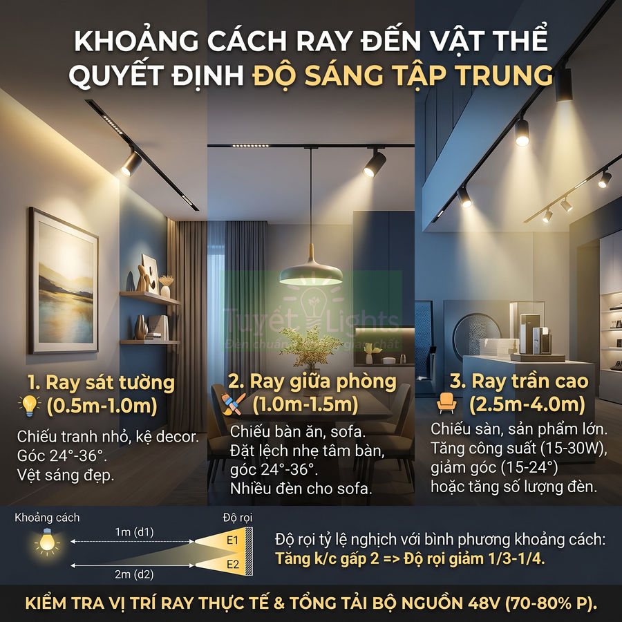 Đèn ray chiếu sáng nội thất phòng khách và phòng ăn, minh họa khoảng cách ray đến vật thể quyết định độ sáng