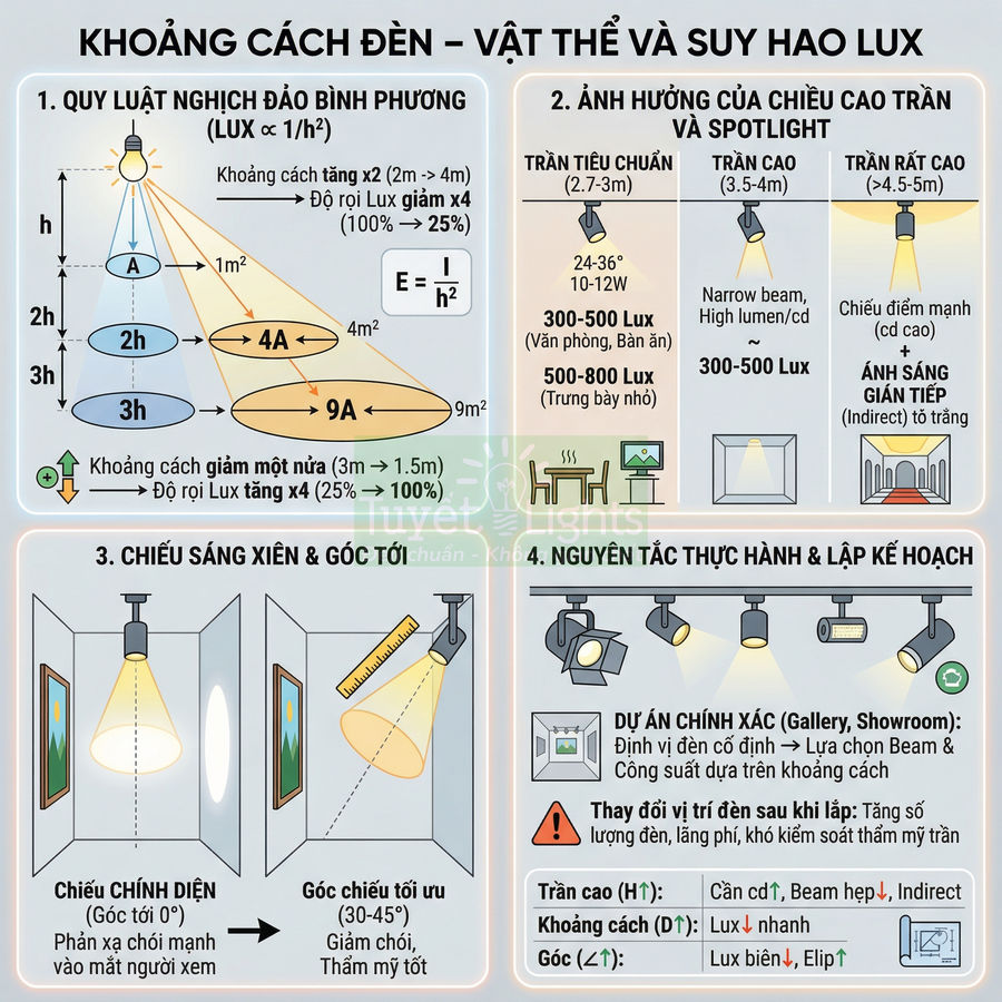 Infographic hướng dẫn khoảng cách đèn chiếu sáng, góc chiếu và suy hao độ rọi lux trong không gian nội thất