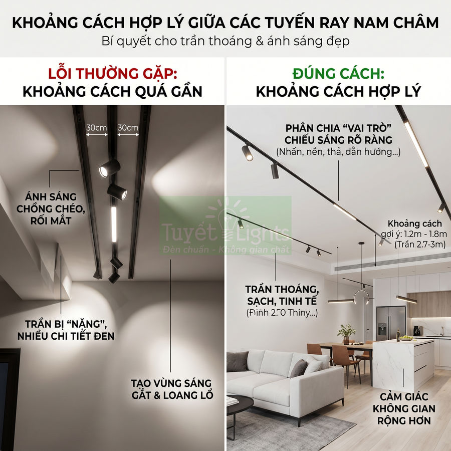Hướng dẫn lắp đặt đèn ray nam châm Tuyết Lights với khoảng cách hợp lý cho trần nhà thoáng và ánh sáng đẹp