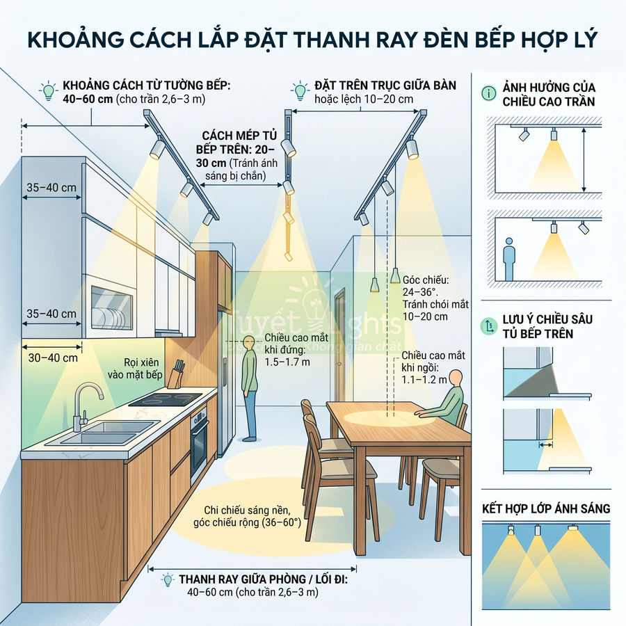 Minh họa hướng dẫn lắp đặt thanh ray đèn chiếu sáng cho bếp và bàn ăn với khoảng cách, góc chiếu hợp lý