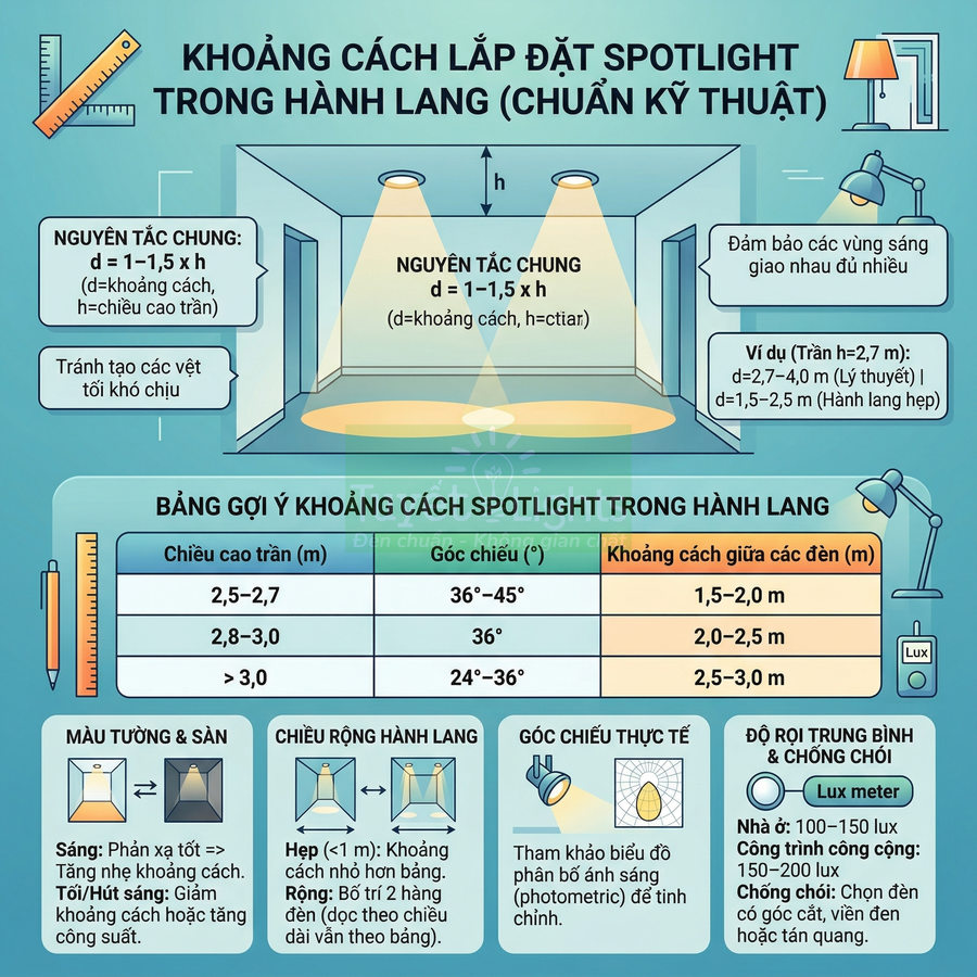 Infographic hướng dẫn khoảng cách lắp đặt đèn spotlight trong hành lang theo chiều cao trần và góc chiếu