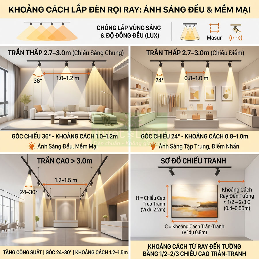 Hướng dẫn lắp đặt đèn rọi ray Masur cho trần thấp và trần cao với khoảng cách chiếu sáng chuẩn