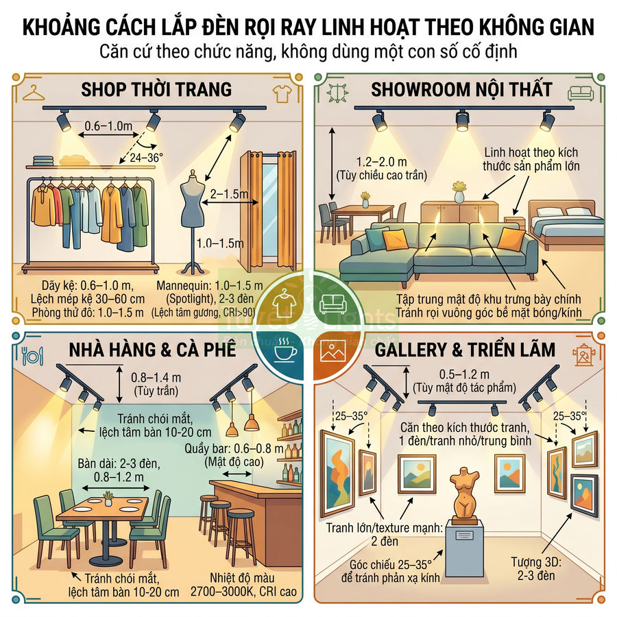 Hướng dẫn khoảng cách lắp đặt đèn rọi ray cho shop thời trang, showroom nội thất, nhà hàng cà phê, gallery triển lãm