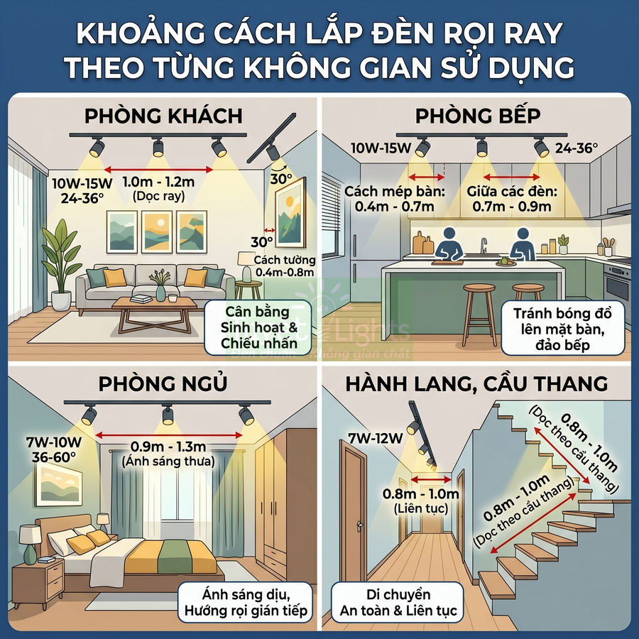 Hướng dẫn khoảng cách lắp đèn rọi ray cho phòng khách, bếp, phòng ngủ, hành lang và cầu thang
