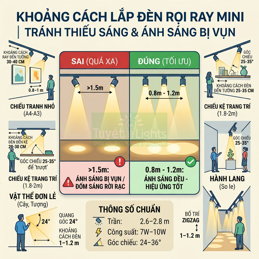 Hướng dẫn lắp đặt đèn rọi ray mini Tuyết Lights với khoảng cách và góc chiếu chuẩn để tránh thiếu sáng