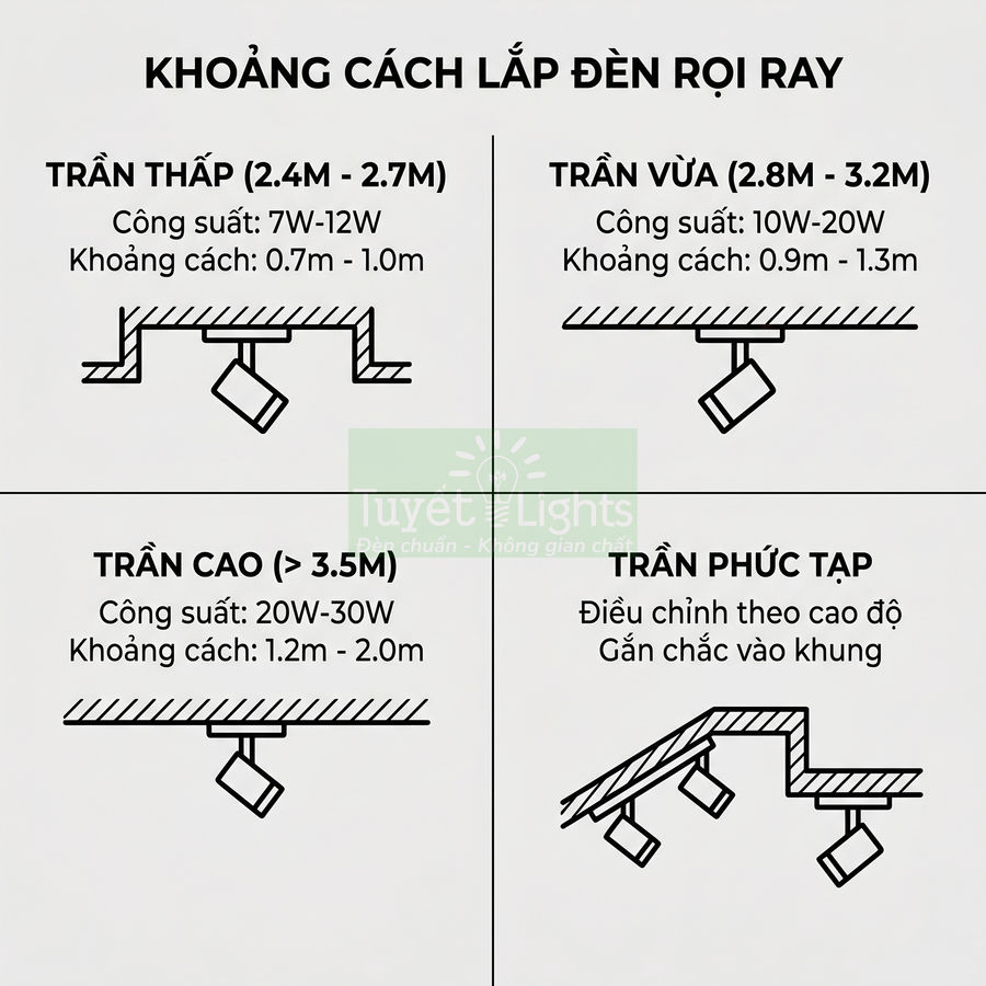 Hướng dẫn khoảng cách lắp đặt đèn rọi ray Tuyết Lights cho trần thấp, trần vừa, trần cao và trần phức tạp