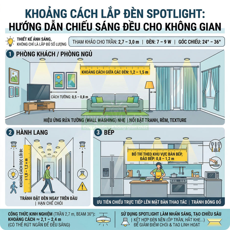 Hướng dẫn lắp đặt đèn spotlight chiếu sáng phòng khách, hành lang và bếp với khoảng cách và vị trí tối ưu