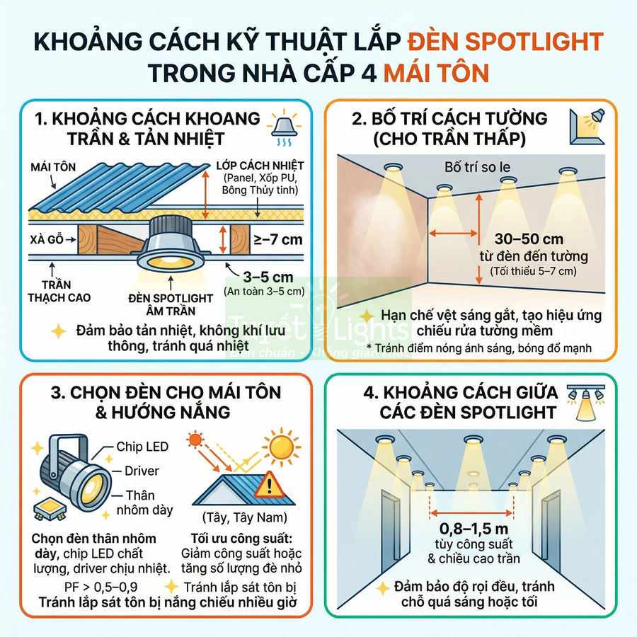 Hướng dẫn khoảng cách kỹ thuật lắp đặt đèn spotlight âm trần cho nhà cấp 4 mái tôn