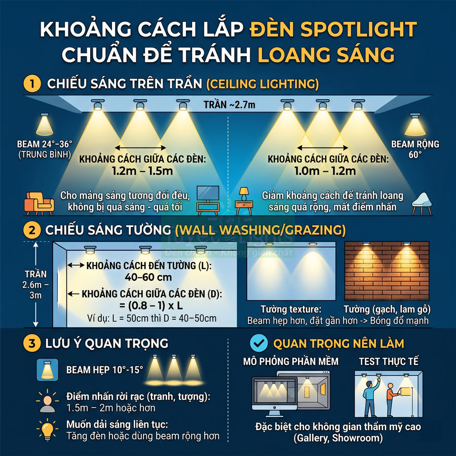 Hướng dẫn khoảng cách lắp đèn spotlight trần và tường để tránh loang sáng trong phòng nội thất
