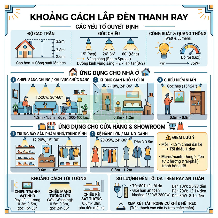 Infographic hướng dẫn khoảng cách lắp đặt đèn thanh ray cho nhà ở, cửa hàng và showroom