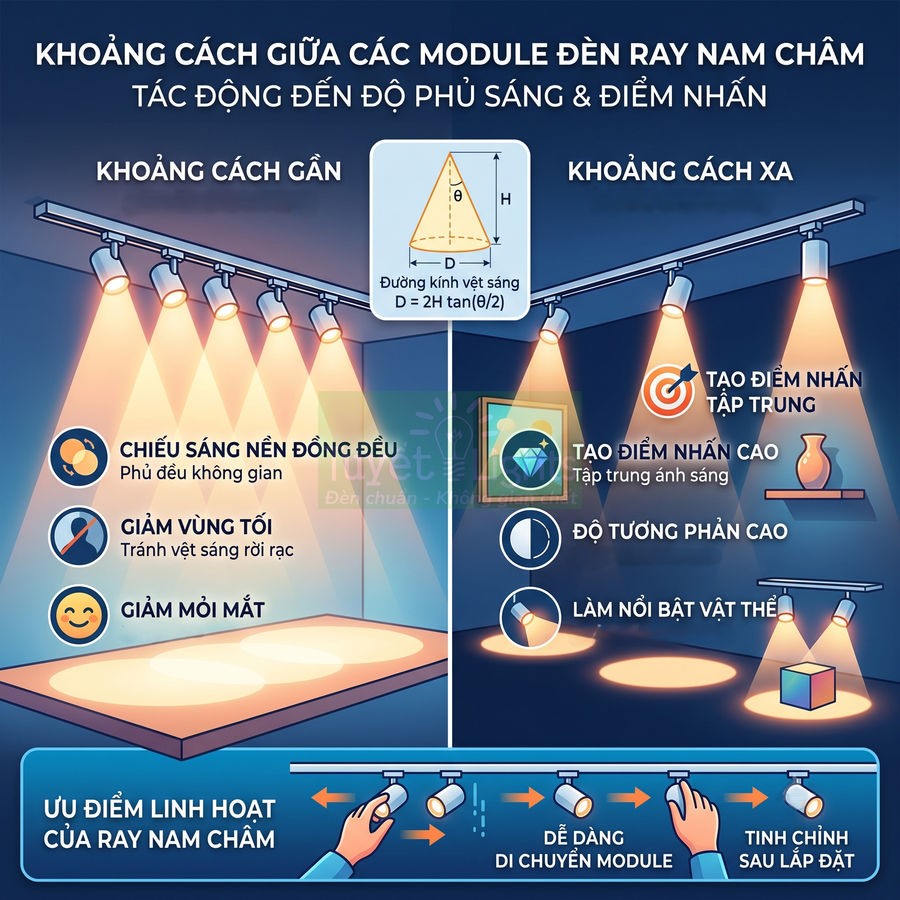 Đèn ray nam châm chiếu sáng trần nhà, minh họa khoảng cách module ảnh hưởng vùng sáng và điểm nhấn vật thể