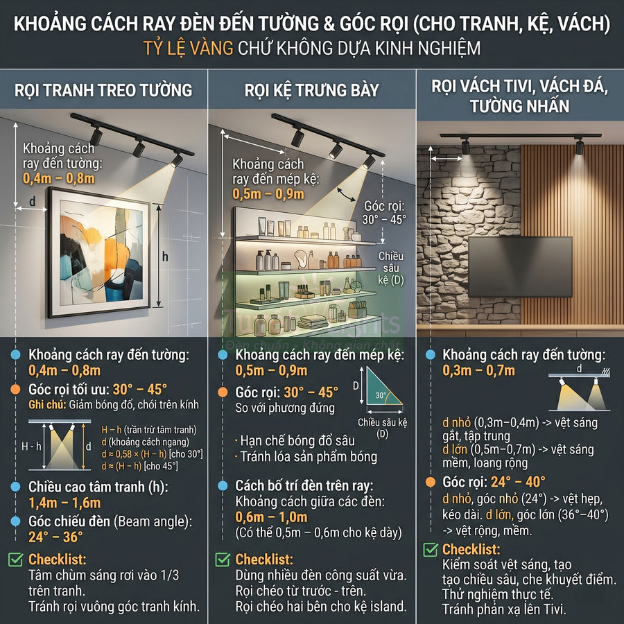 Hướng dẫn khoảng cách lắp đặt đèn ray chiếu tranh treo tường, kệ trưng bày và vách tivi tối ưu ánh sáng