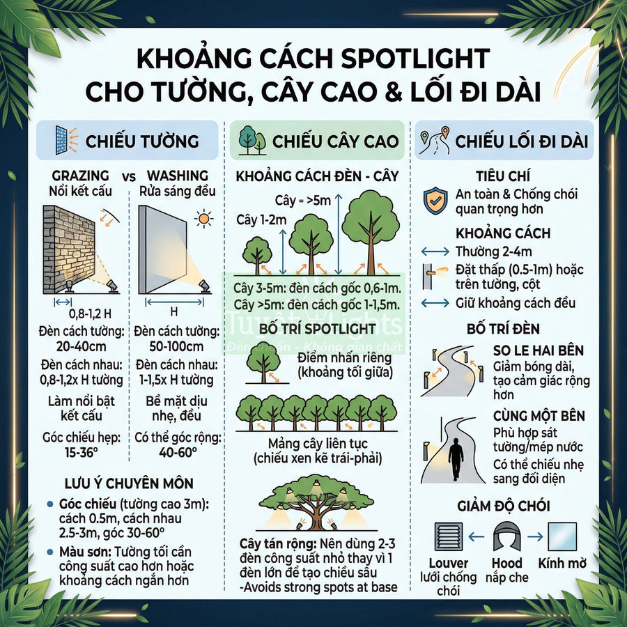 Infographic hướng dẫn khoảng cách lắp đặt đèn spotlight chiếu tường, chiếu cây cao và chiếu lối đi dài ngoài trời