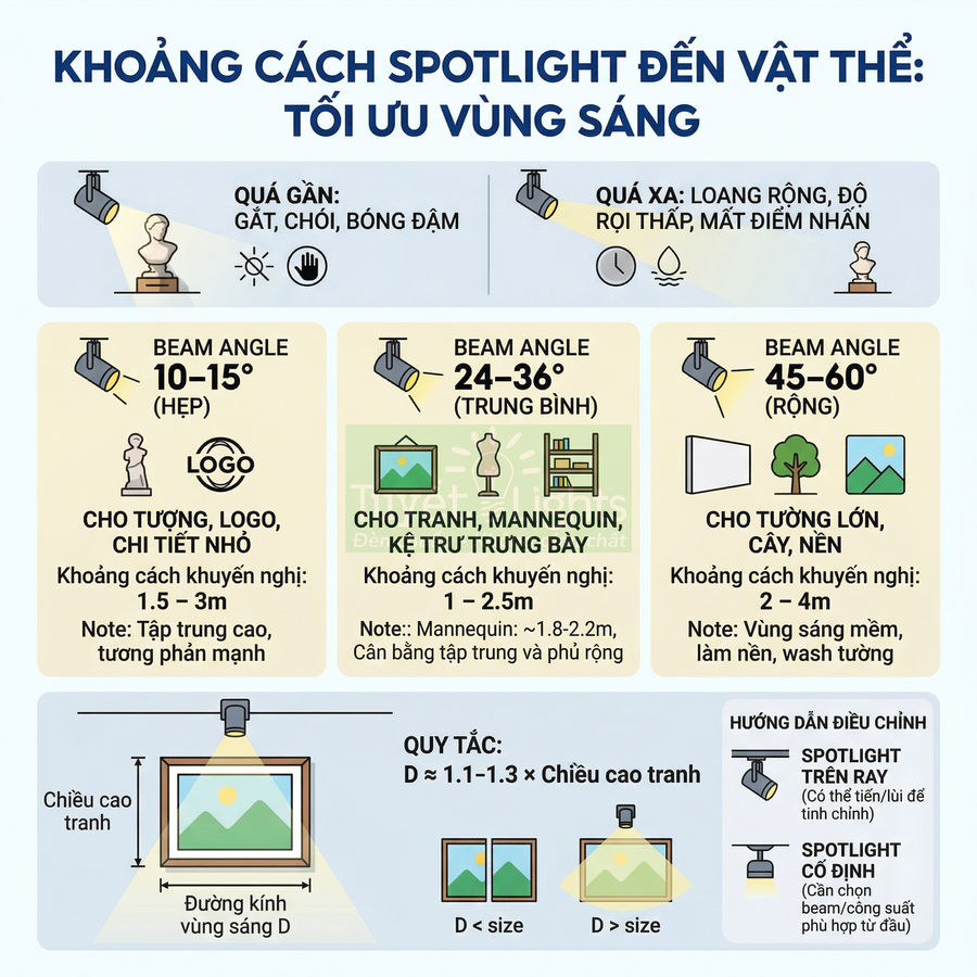 Hướng dẫn chọn góc chiếu và khoảng cách đèn spotlight tối ưu vùng sáng cho tranh, tượng, logo, tường lớn