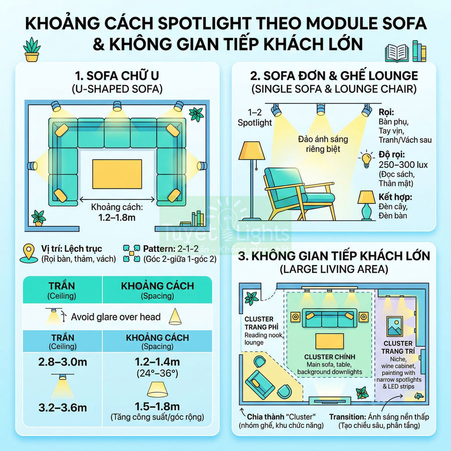 Infographic hướng dẫn bố trí đèn spotlight cho sofa chữ U, sofa đơn và không gian phòng khách lớn