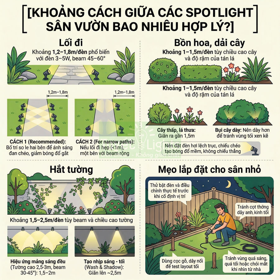 Infographic hướng dẫn khoảng cách lắp đặt đèn spotlight sân vườn cho lối đi, bồn hoa, hắt tường và sân nhỏ