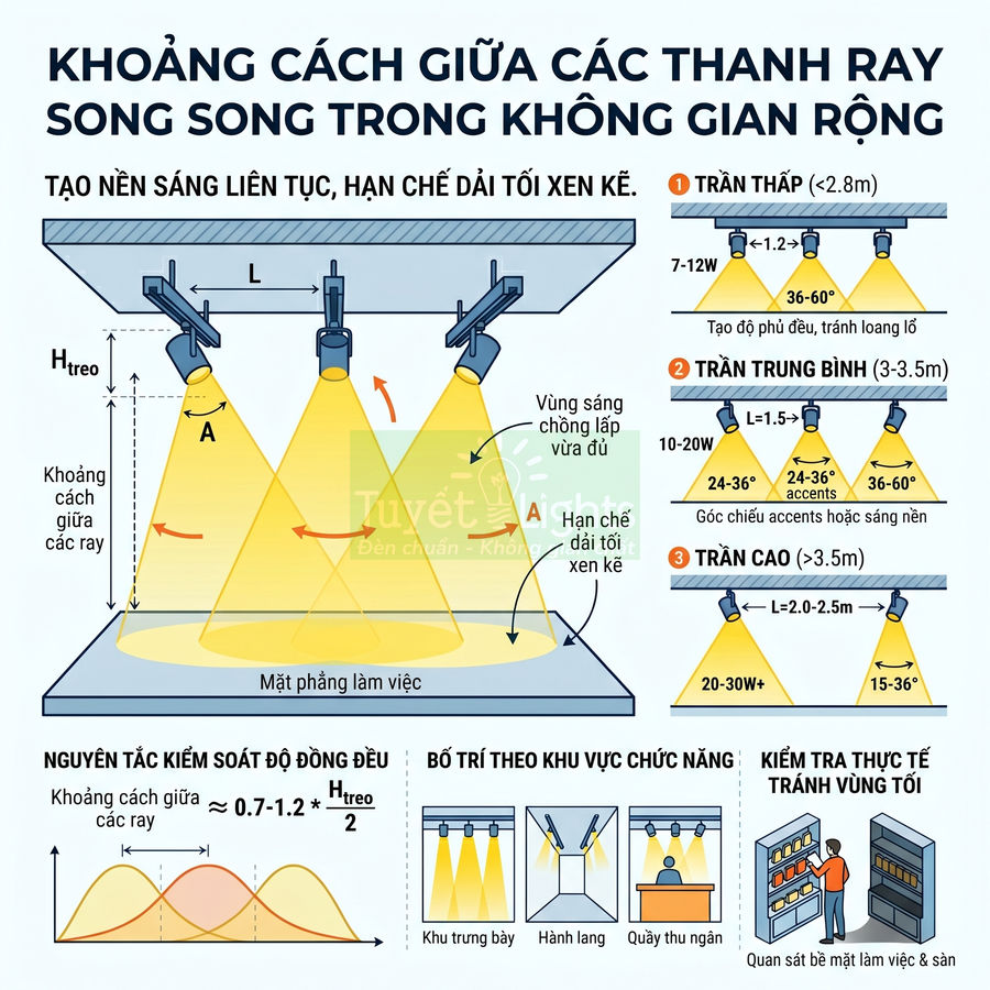 Hướng dẫn bố trí đèn rọi ray trên trần để tạo ánh sáng đồng đều cho không gian làm việc rộng