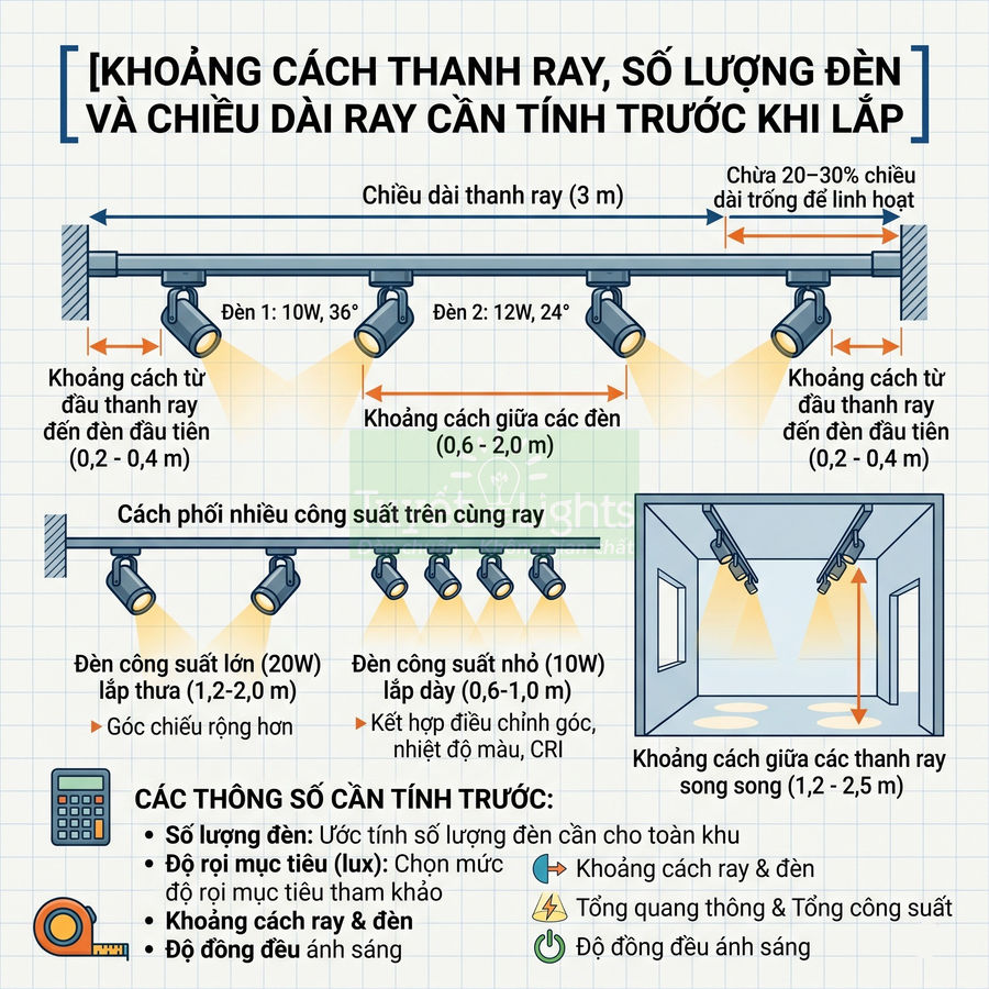Hướng dẫn bố trí đèn rọi ray trên trần nhà với khoảng cách, số lượng đèn và chiều dài thanh ray hợp lý