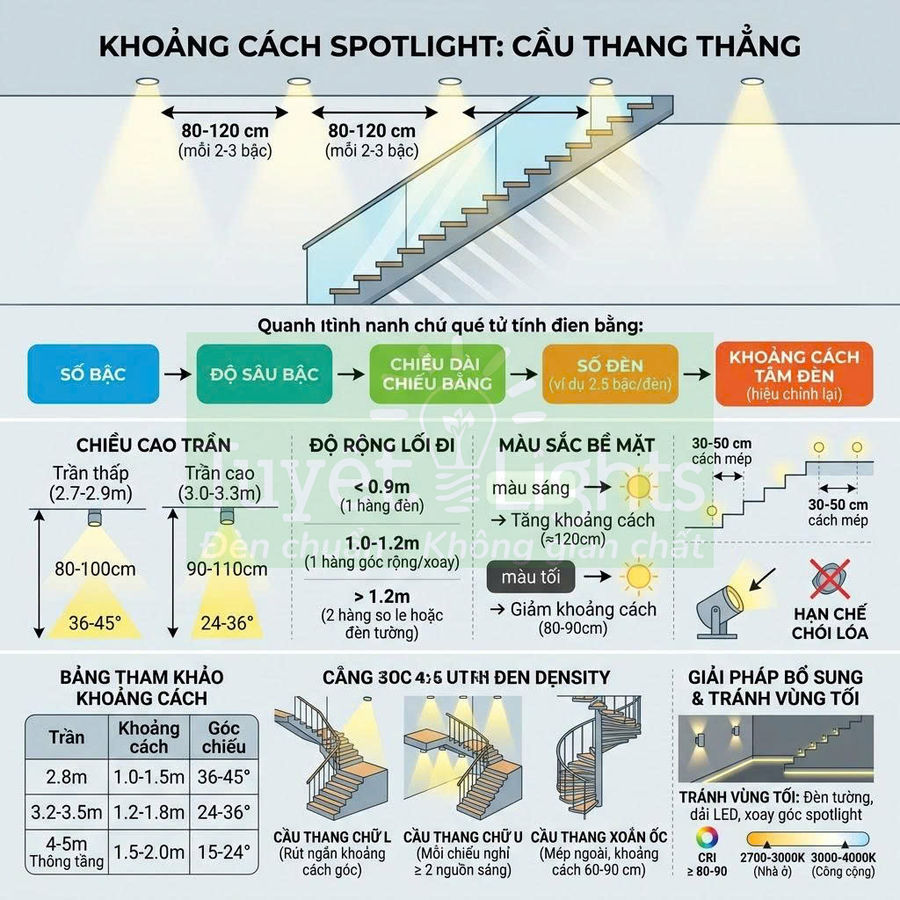 Hướng dẫn bố trí đèn spotlight cho cầu thang thẳng, khoảng cách lắp đặt và góc chiếu sáng an toàn