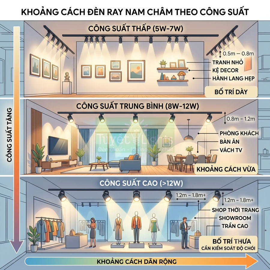 Minh họa khoảng cách lắp đèn ray nam châm theo công suất cho tranh treo tường, phòng khách và shop thời trang