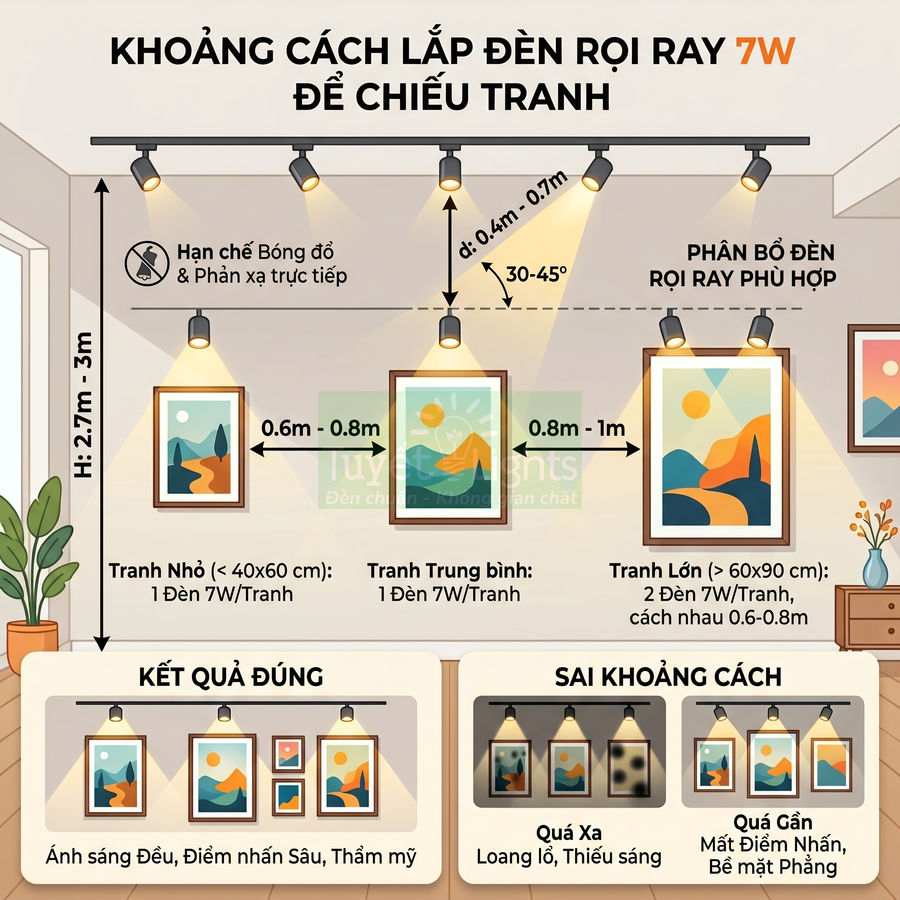 Hướng dẫn khoảng cách lắp đèn rọi ray 7W chiếu tranh treo tường trong phòng khách