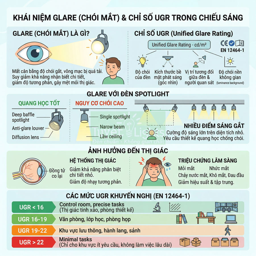 Infographic giải thích hiện tượng chói mắt glare, chỉ số UGR và ảnh hưởng của đèn spotlight đến thị giác