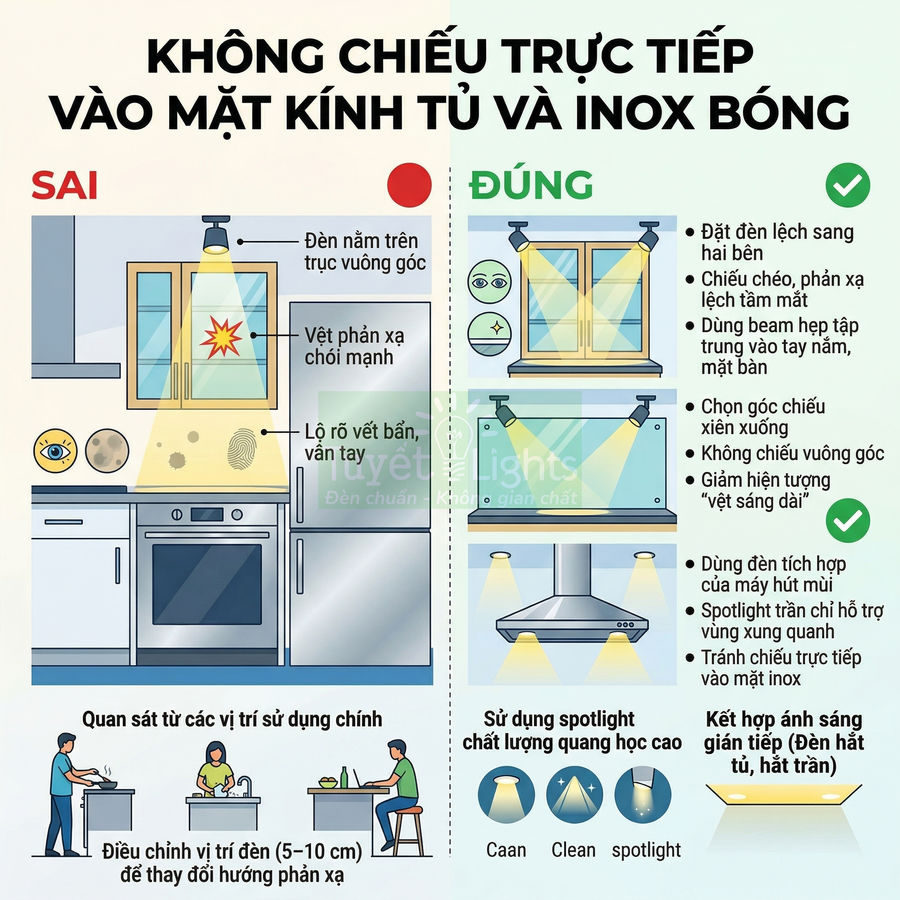Hướng dẫn bố trí đèn chiếu sáng bếp tránh chiếu trực tiếp vào mặt kính tủ và inox bóng