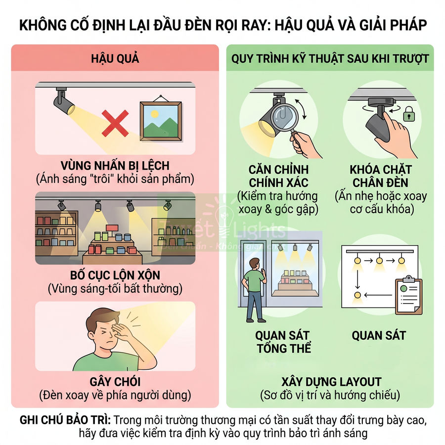 Hướng dẫn điều chỉnh và cố định đèn rọi ray để chiếu sáng đúng sản phẩm trưng bày trong cửa hàng