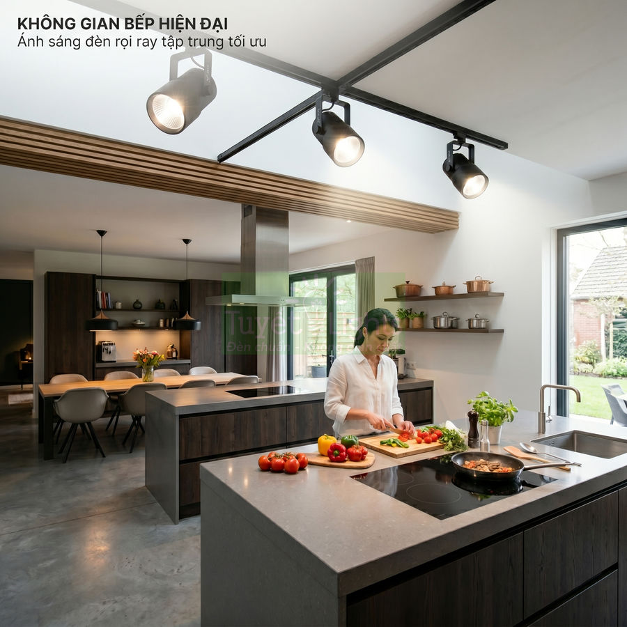 Đèn rọi ray chiếu sáng khu vực bếp hiện đại với đảo bếp và người phụ nữ đang chuẩn bị món ăn