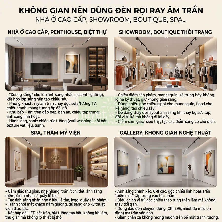 Không gian nội thất cao cấp dùng đèn rọi ray âm trần cho nhà ở, showroom thời trang, spa và gallery nghệ thuật